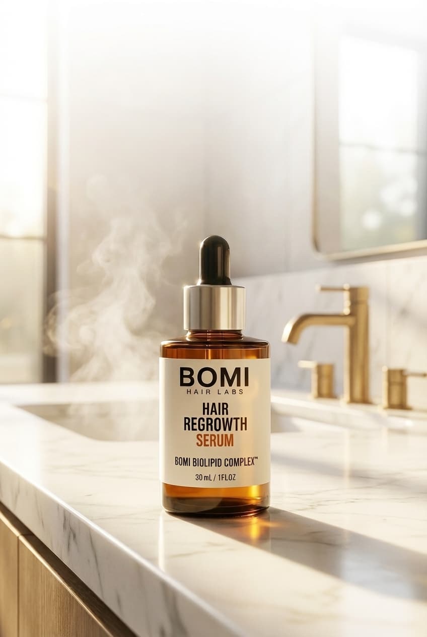 Bomi Hair Regrowth Serum in a premium bathroom setting